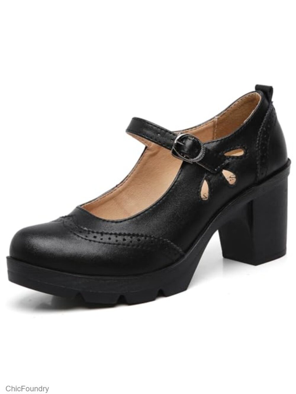 Women's Leather Mary Jane Kitten Heel Pumps, Ankle Strap Round Toe Oxfords -